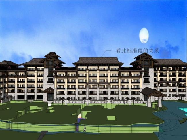 Sketchup酒店模型|多层山地酒店，中式风格