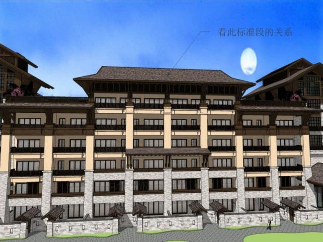 Sketchup酒店模型|多层山地酒店，中式风格