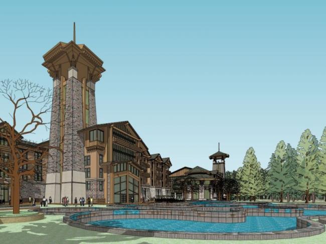 Sketchup酒店模型|多层度假酒店，古典风格