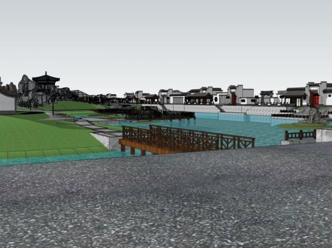 Sketchup景观模型|滨水景观，中式风格