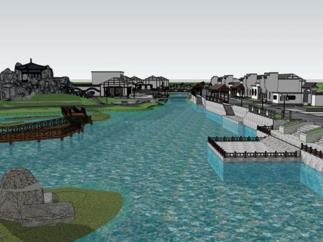 Sketchup景观模型|滨水景观，中式风格