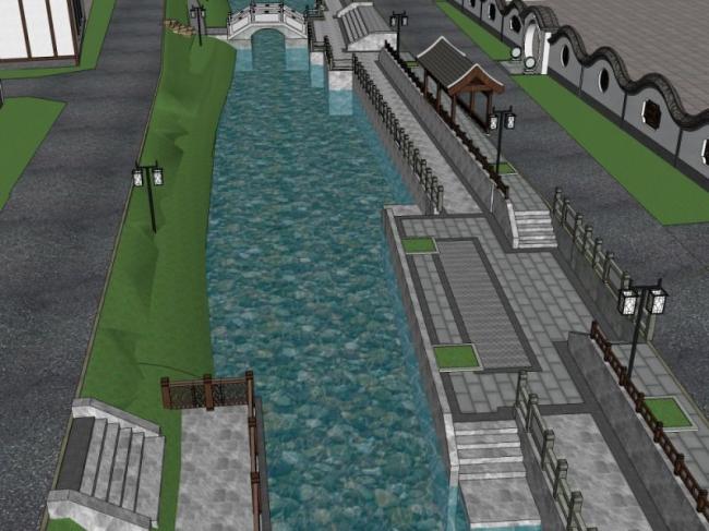 Sketchup景观模型|滨水景观，中式风格