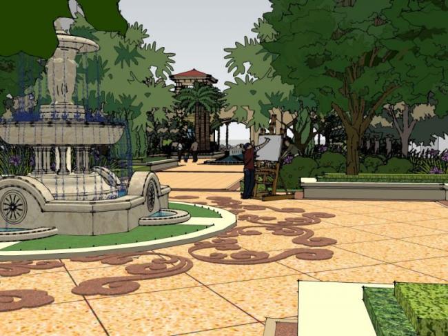 Sketchup景观模型|滨水景观，古典风格