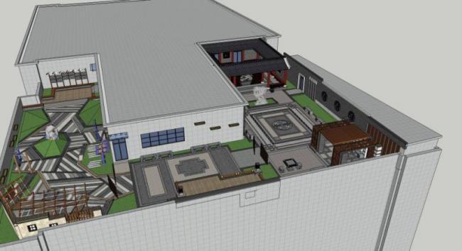 Sketchup景观模型|屋顶花园，现代中式风格