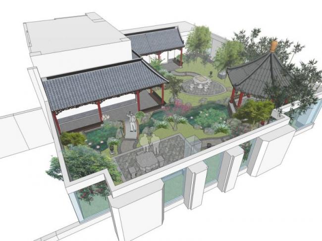 Sketchup景观模型|屋顶花园，中式风格