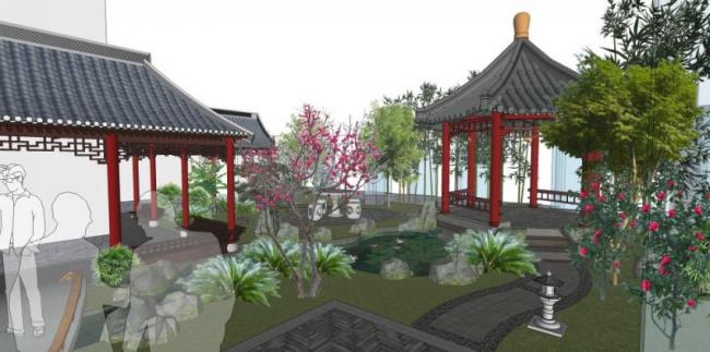 Sketchup景观模型|屋顶花园，中式风格