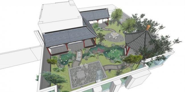 Sketchup景观模型|屋顶花园，中式风格