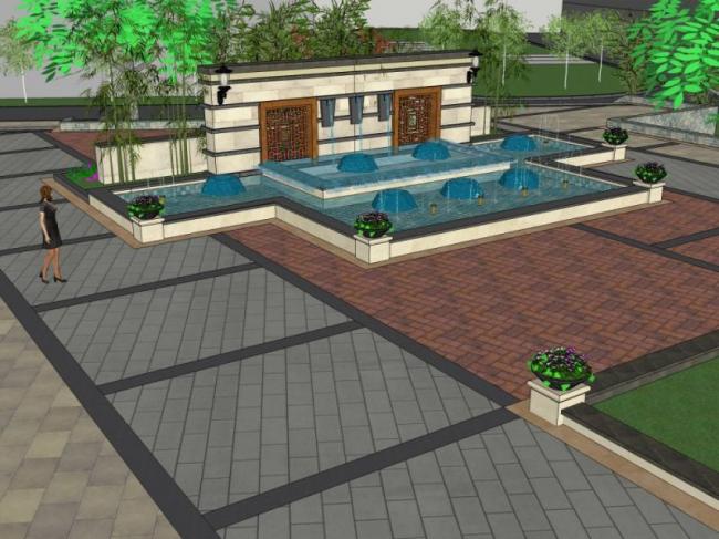 Sketchup景观模型|居住区景观，现代中式风格