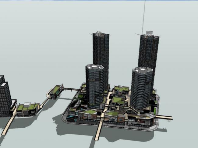 Sketchup综合体模型|超高层办公楼，多高层商业综合体，住宅，现代风格