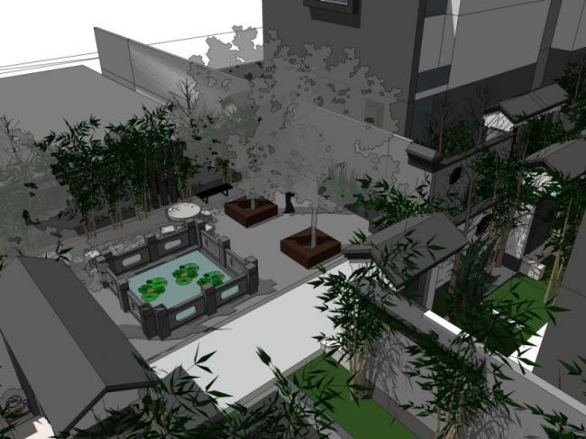 Sketchup景观模型|庭院景观，住宅景观，中式风格