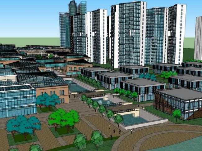 Sketchup综合体模型|高层办公楼，酒店，底层商业，住宅，多高层综合体，现代风格