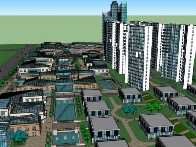 Sketchup综合体模型|高层办公楼，酒店，底层商业，住宅，多高层综合体，现代风格