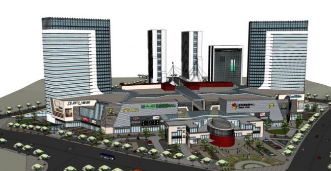 Sketchup综合体模型|高层办公楼，酒店，底层商业，多高层综合体，现代风格