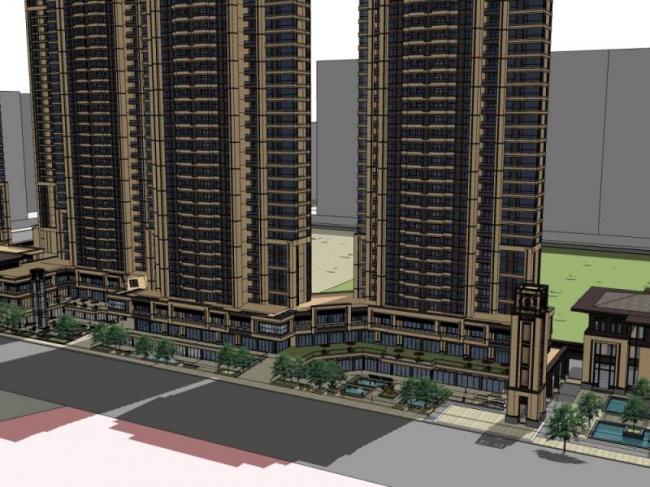 Sketchup住宅模型|超高层住宅，底层商业，古典风格