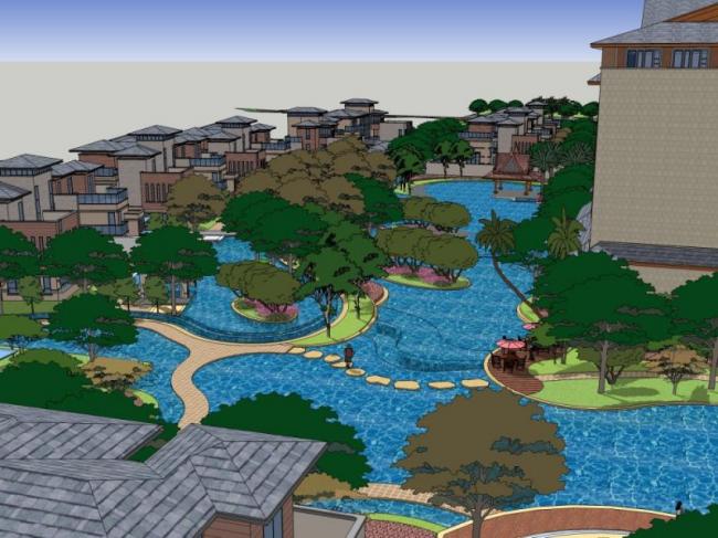 Sketchup景观模型|酒店景观，滨水景观，古典风格