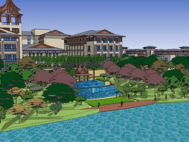 Sketchup景观模型|酒店景观，滨水景观，古典风格
