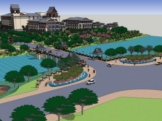 Sketchup景观模型|酒店景观，滨水景观，古典风格