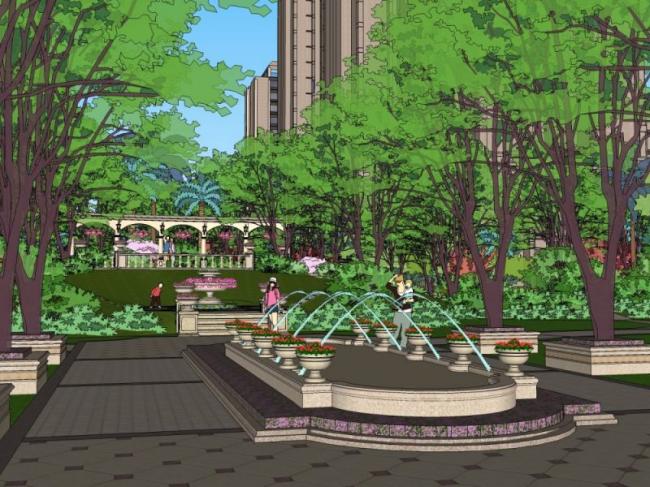 Sketchup景观模型|高层住宅小区景观，古典风格