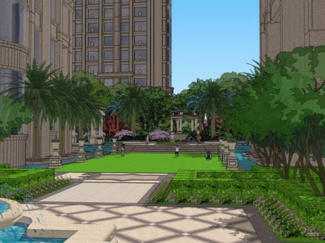 Sketchup景观模型|高层住宅小区景观，古典风格