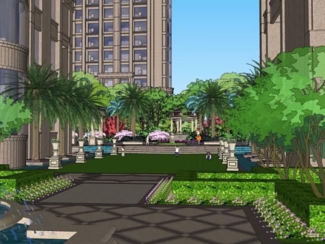 Sketchup景观模型|高层住宅小区景观，古典风格