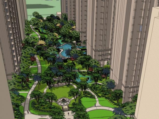 Sketchup景观模型|高层住宅小区景观，古典风格