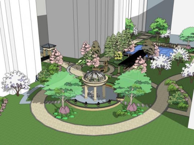 Sketchup景观模型|小区景观，住宅景观，古典风格
