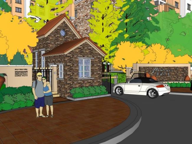 Sketchup景观模型|小区入口景观，西班牙风格，古典风格