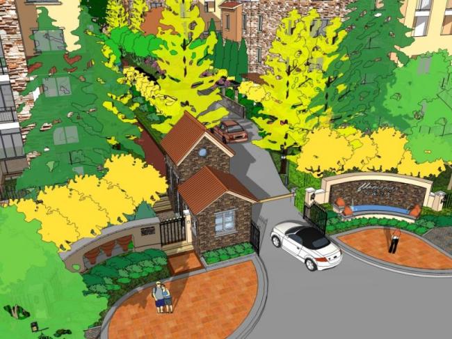 Sketchup景观模型|小区入口景观，西班牙风格，古典风格