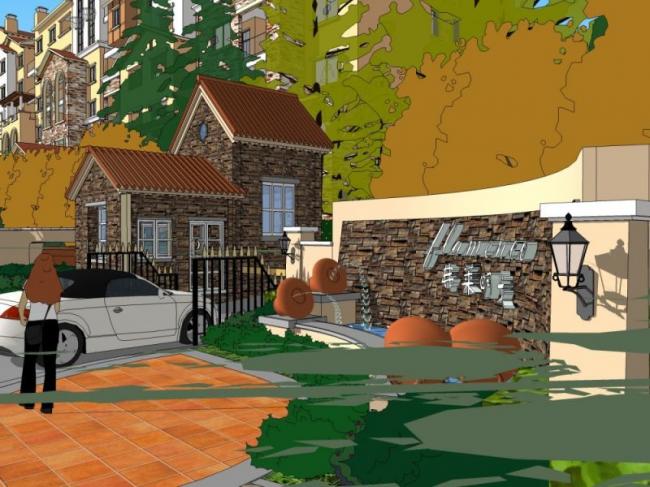 Sketchup景观模型|小区入口景观，西班牙风格，古典风格