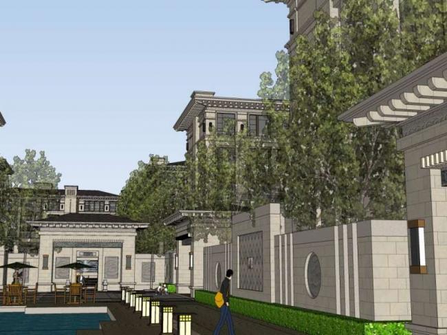 Sketchup景观模型|花园洋房小区景观，住宅景观，中式风格