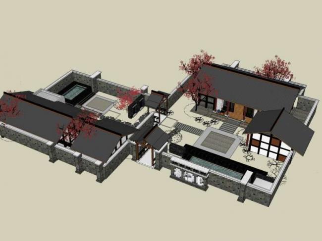 Sketchup住宅模型|庭院住宅，中式风格