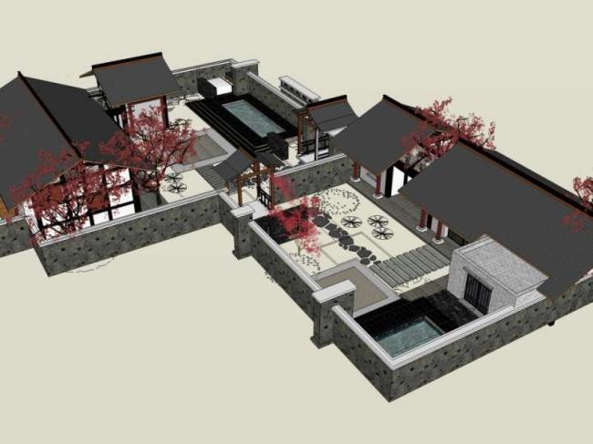 Sketchup住宅模型|庭院住宅，中式风格