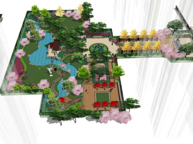 Sketchup景观模型|小区景观，住宅景观，古典风格