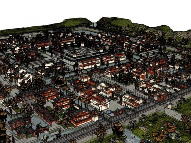 Sketchup古建筑模型|多层古城，中式风格，古建
