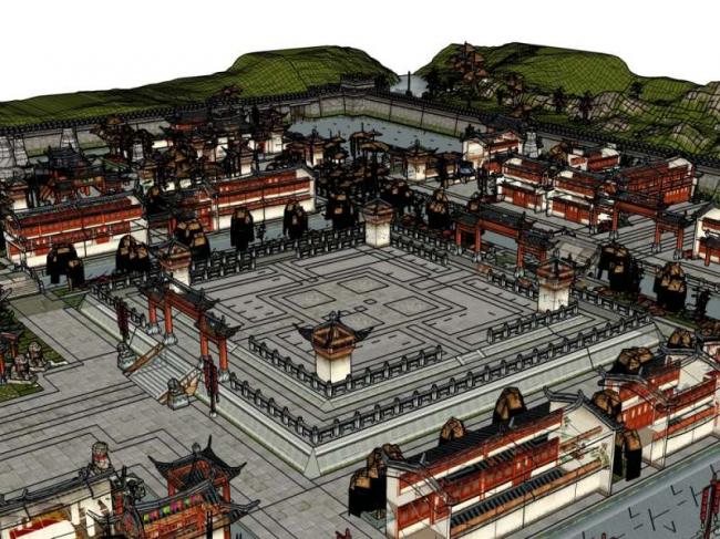 Sketchup古建筑模型|多层古城，中式风格，古建