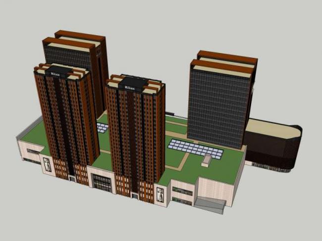 Sketchup综合体模型|多高层综合体，办公，底层商业，酒店，公寓，古典风格