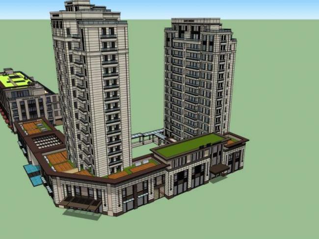 Sketchup住宅模型|高层住宅楼，底层商业，古典风格