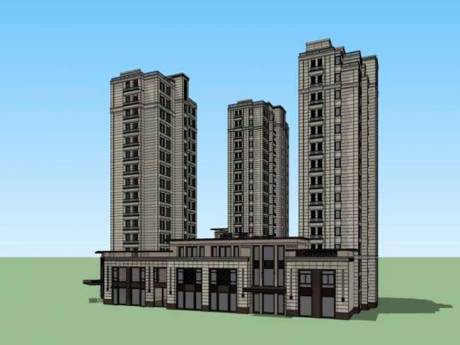 Sketchup住宅模型|高层住宅楼，底层商业，古典风格