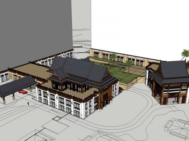 Sketchup酒店模型|多层度假酒店，中式风格
