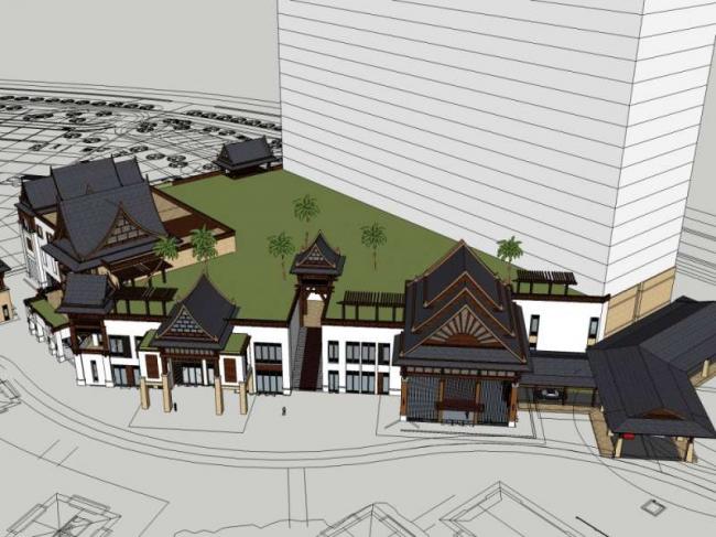 Sketchup酒店模型|多层度假酒店，中式风格