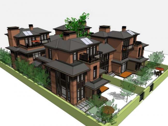 Sketchup别墅模型|双拼别墅，现代中式风格