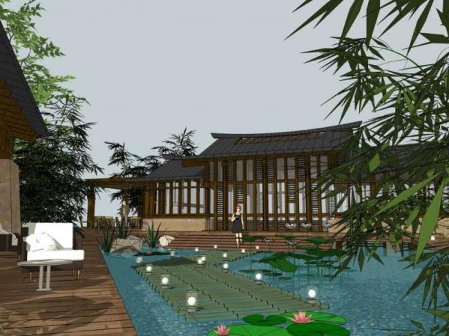 Sketchup酒店模型|酒店庭院，中式风格