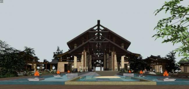 Sketchup酒店模型|酒店庭院，中式风格