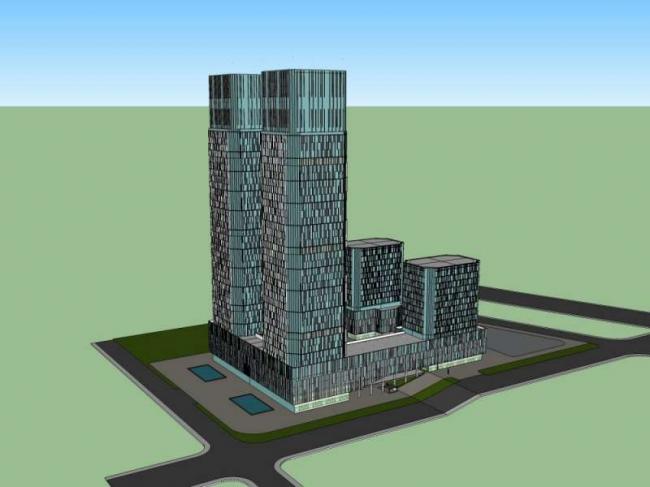 Sketchup办公模型|超高层办公楼，底层商业，现代风格