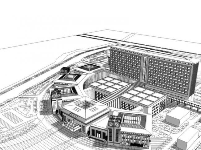 Sketchup医院模型|多高层医院,医疗建筑,中式风格-BIM建筑网
