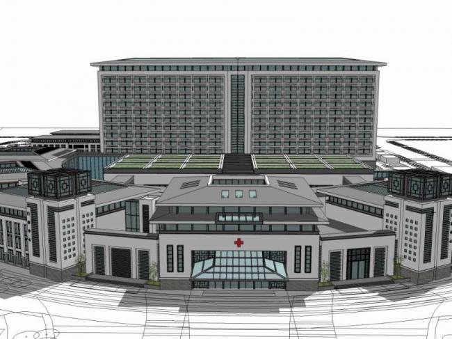 Sketchup医院模型|多高层医院，医疗建筑，中式风格