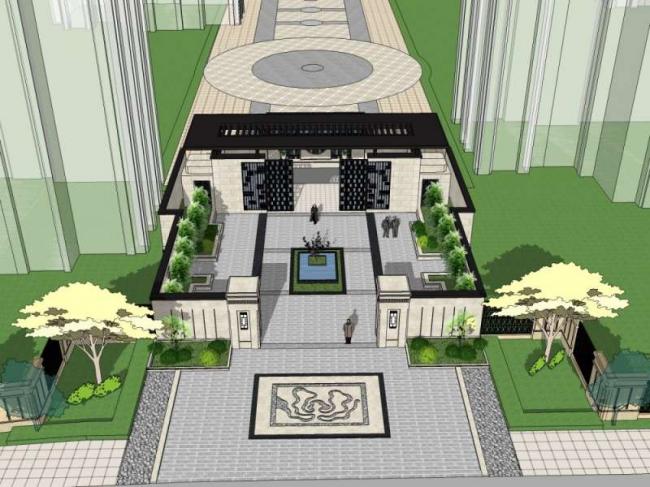Sketchup住宅模型|小区入口，现代中式风格