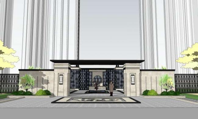 Sketchup住宅模型|小区入口，现代中式风格