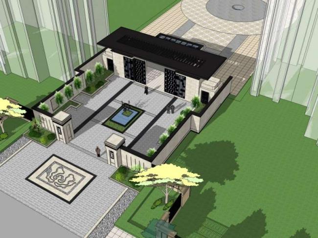 Sketchup住宅模型|小区入口，现代中式风格