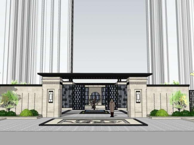 Sketchup住宅模型|小区入口，现代中式风格